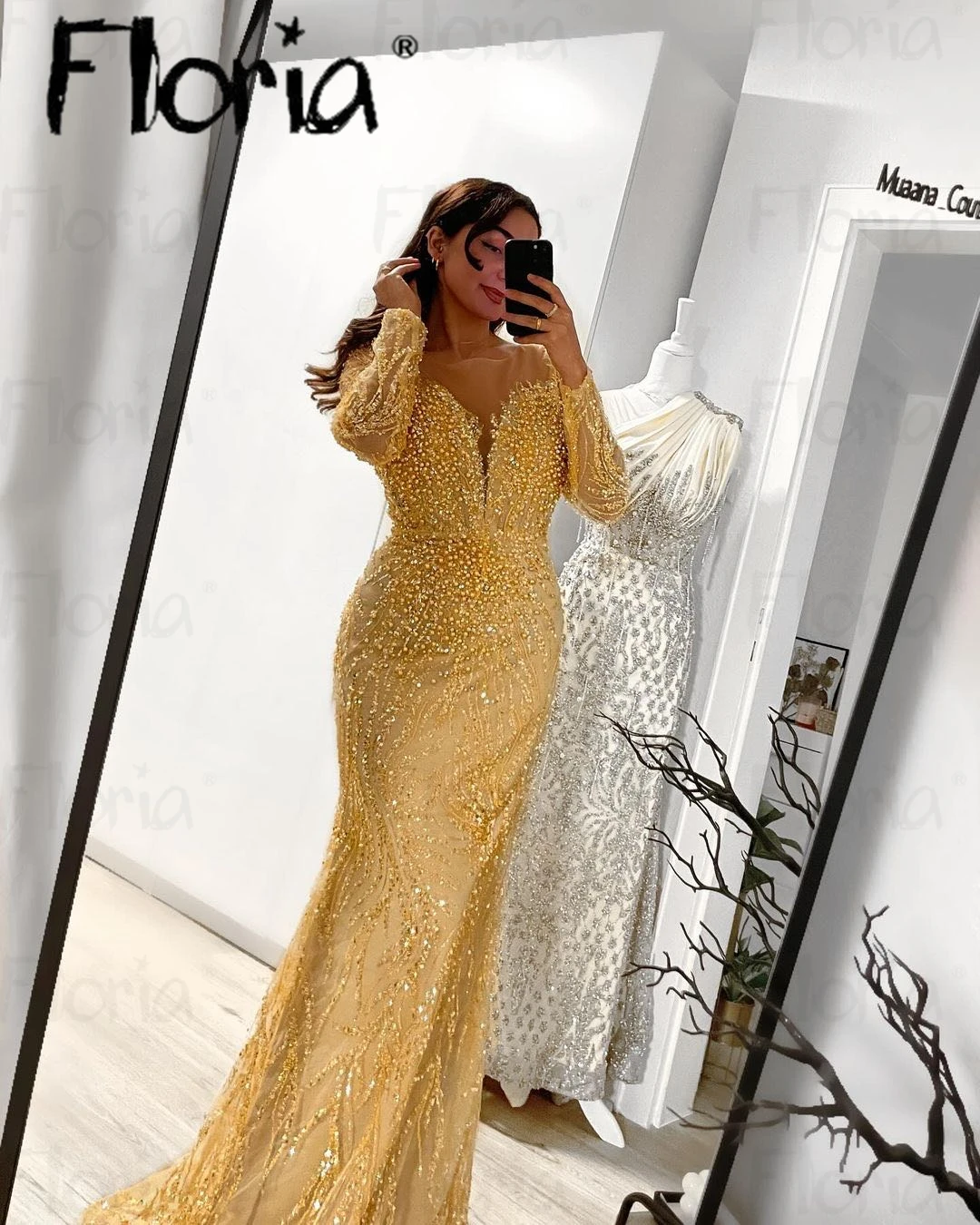 Floria Gold Glitter Sequins Pearls Long Sleeve Evening Dress Nude Mesh Neck Mermaid Wedding Dinner Party Gowns Arabic Prom Dress