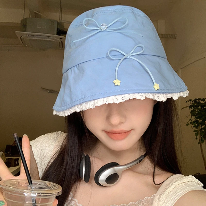 

Sweet Lace Bow Bucket Hat for Women Girls Cotton Bowknot Star Fisherman Cap Korean Y2K Basin Hat Outdoor Travel Holiday Sun Hats