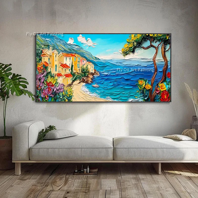 House By The Sea Canvas Wall Art Handmade Summer Blue Seascape Oil Painting Beautiful Landscape Artwork Morden Design For Decor