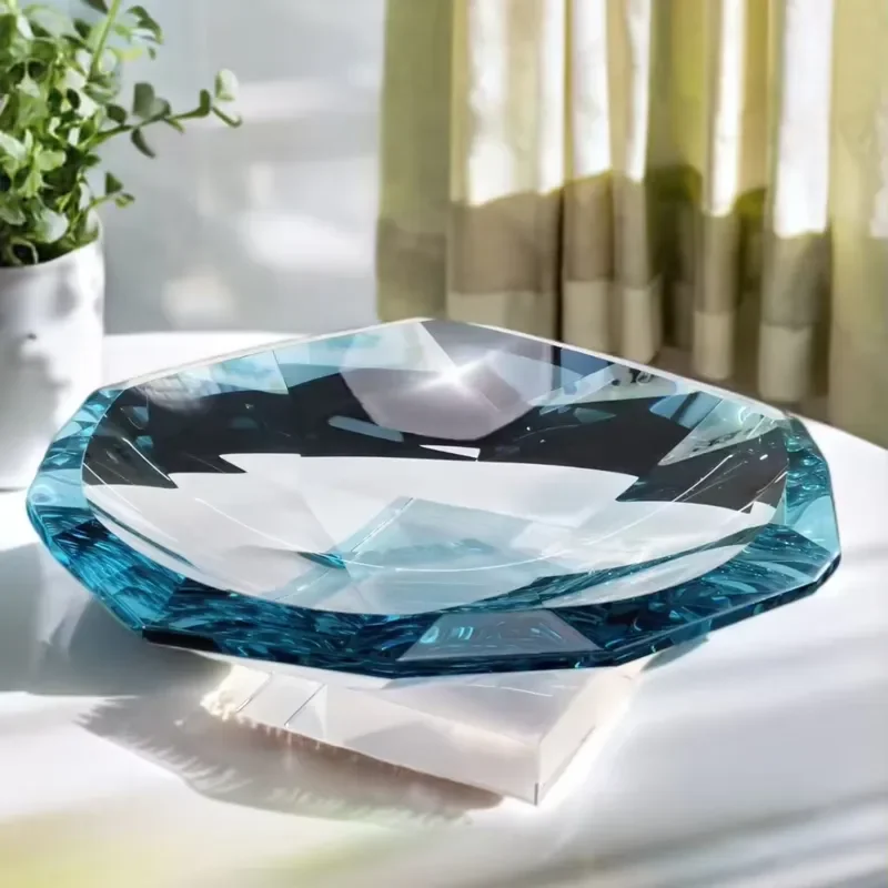 Luxury modern faceted crystal bowl octagonal cut sea blue decorative tray desktop candy jewelry display plate handmade custom
