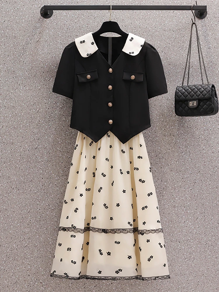 Summer Black Short Sleeve Polo Collar Top Shirts+White Floral Embroidery Half Lenth Skirt Two Piece Sets 2024 Ladies Dress Suits