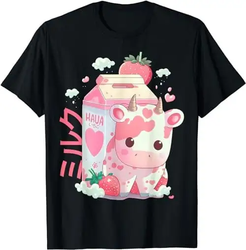 Strawberry Milk Milkshake Cow Carton Cute Kawaii Japanese T Shirt Sweat 52356