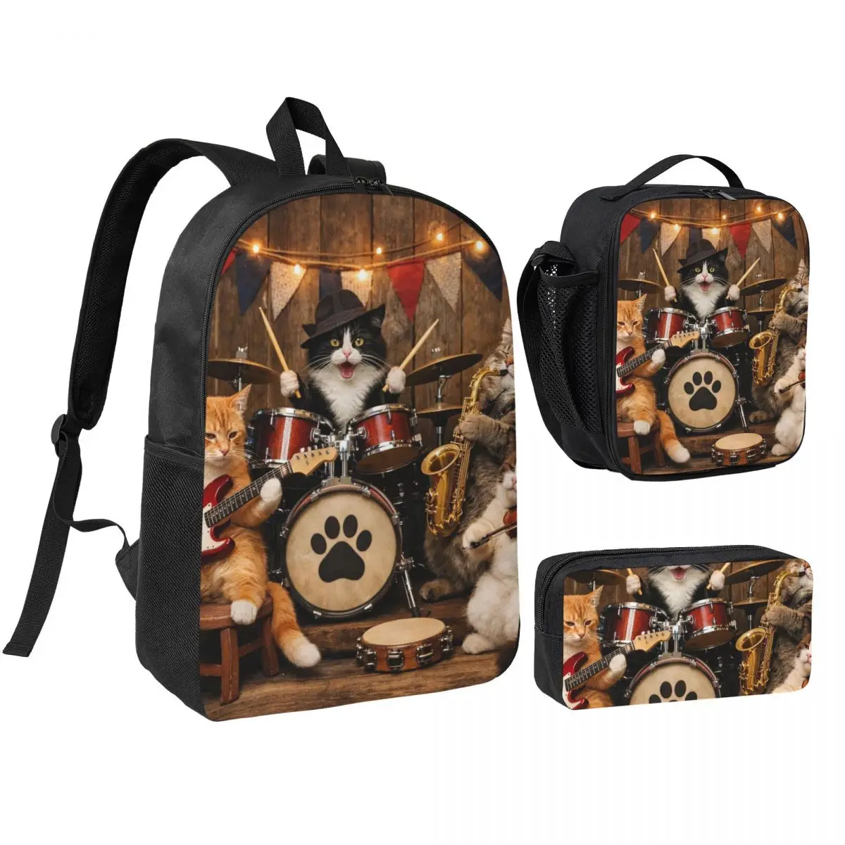 Cat Orchestra Kitten And Music Design Backpack Student BookBag School Bag Shoulder Bags 3ps Insulated Lunch Bag Pencil Case