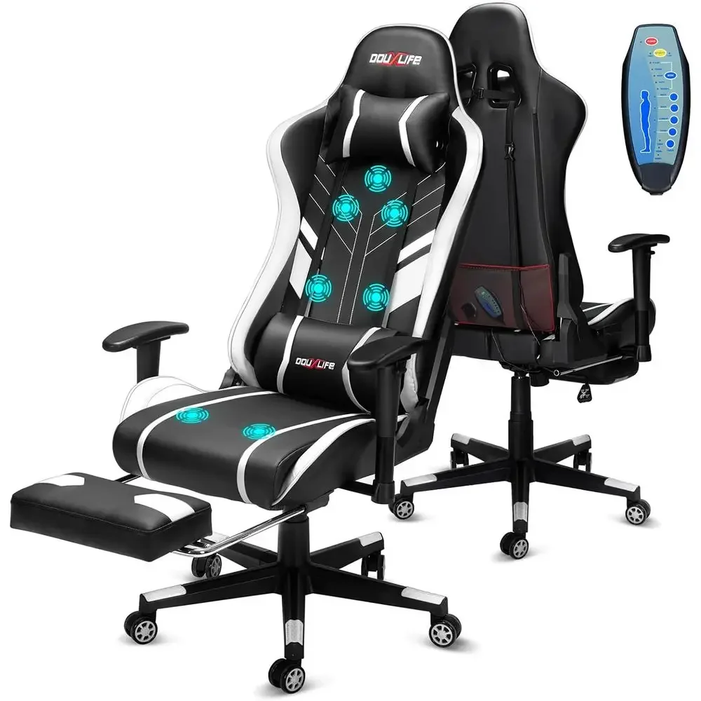 Ergonomic 7-Point Massage Gaming Chair with Footrest, 400lbs Capacity, 175° Recline, Adjustable Armrests, Lumbar Support, White
