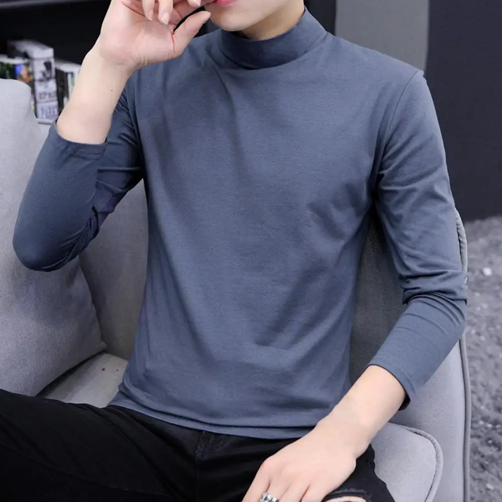 Men Base Shirt Half-high Collar Solid Color Slim Fit Long Sleeves Soft Pullover Basic Close-fitting Comfortable Spring Tops
