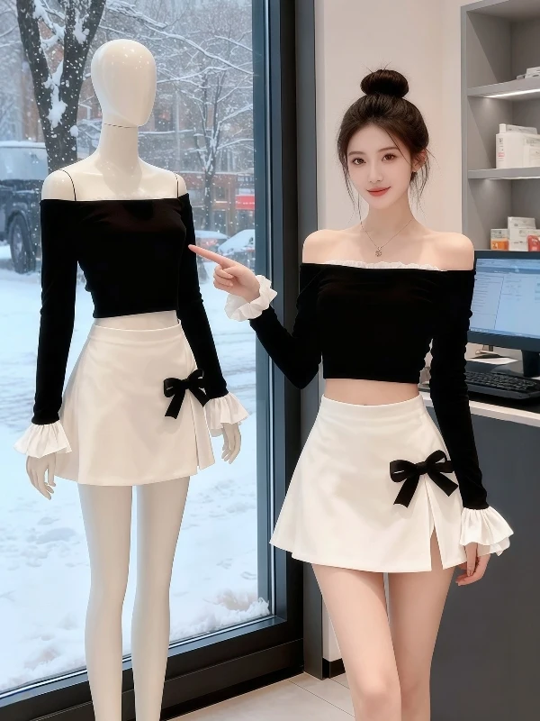 

Chic Floral Lace Splice One oulder Long Sve High Waist f Skirt Two Piece Set Women Autumn Winter Anti Aging Set Sweet...