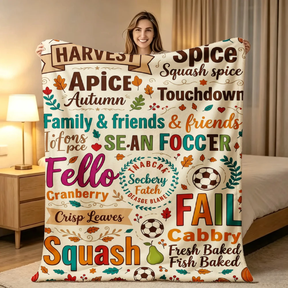 1pc Autumn Harvest Squash Cranberry Leaves Print Flannel Blanket Soft Warm Bed Cover for Fall Winter Living Room Bedroom Sofa Halloween Thanksgiving Christmas Gift