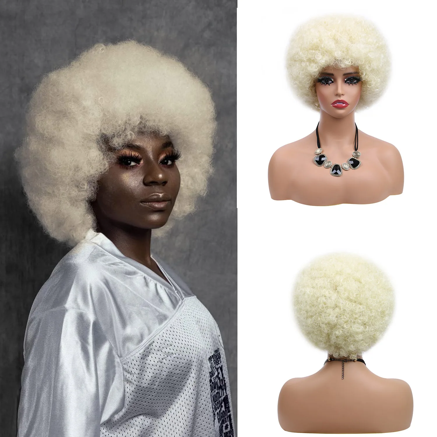 

Short Hair Afro Kinky Curly Wigs With Bangs African Synthetic High Temperature Ombre Glueless Cosplay Wigs For Black Women