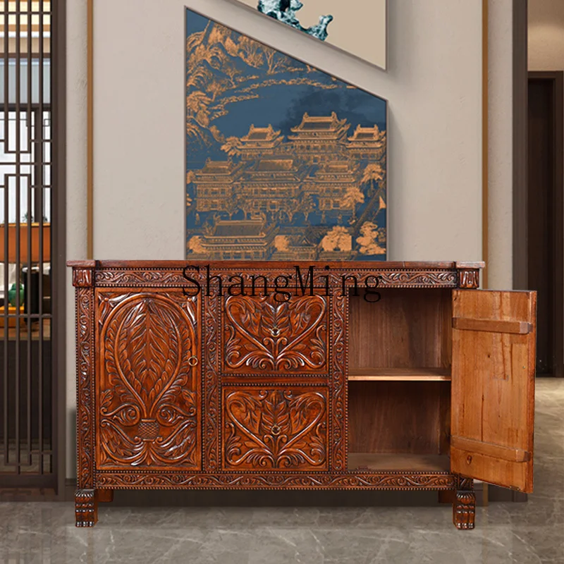 

FG new Chinese style elm porch locker living room solid wood carving flower foyer cabinet