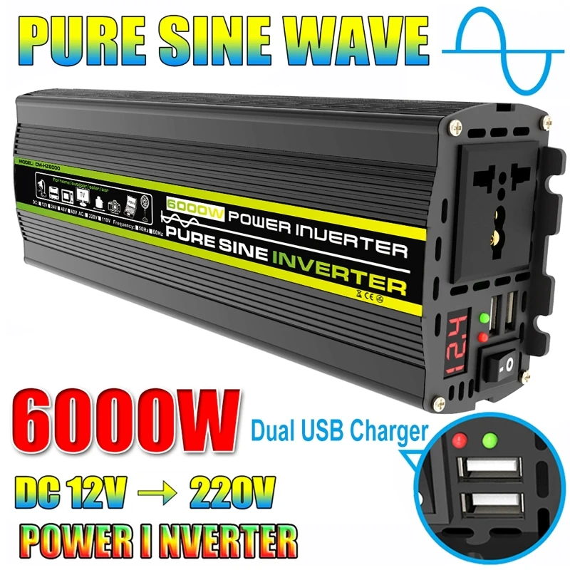 6000W Pure Sine Wave Power Inverter Voltage Transformer Intelligent Digital Display Car Home Outdoor DC12V-220V Converter