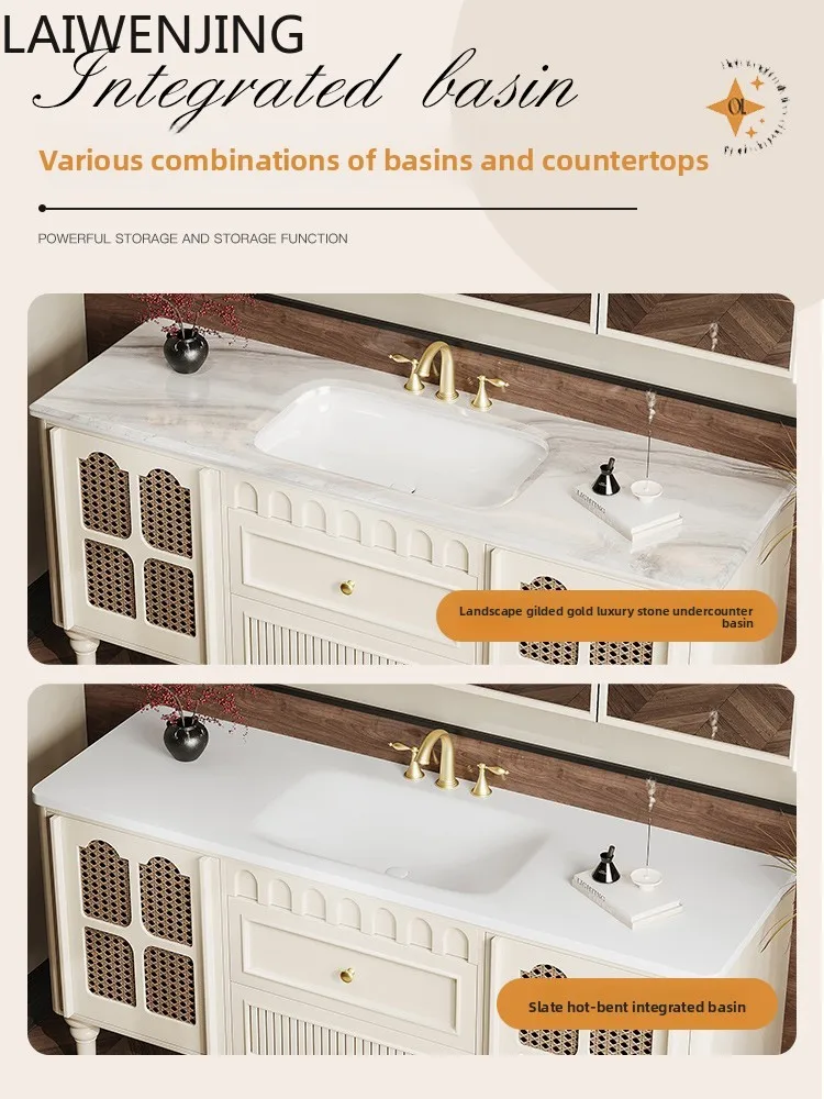 

HLZ oak retro bathroom cabinet combination cream style bathroom luxury stone washstand floor-to-ceiling hand washbasin cabinet