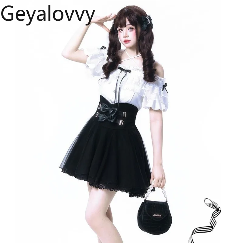 オフショルダーレースブラウス半袖シャツトップとハイウエストメッシュショートパフスカート制服一式