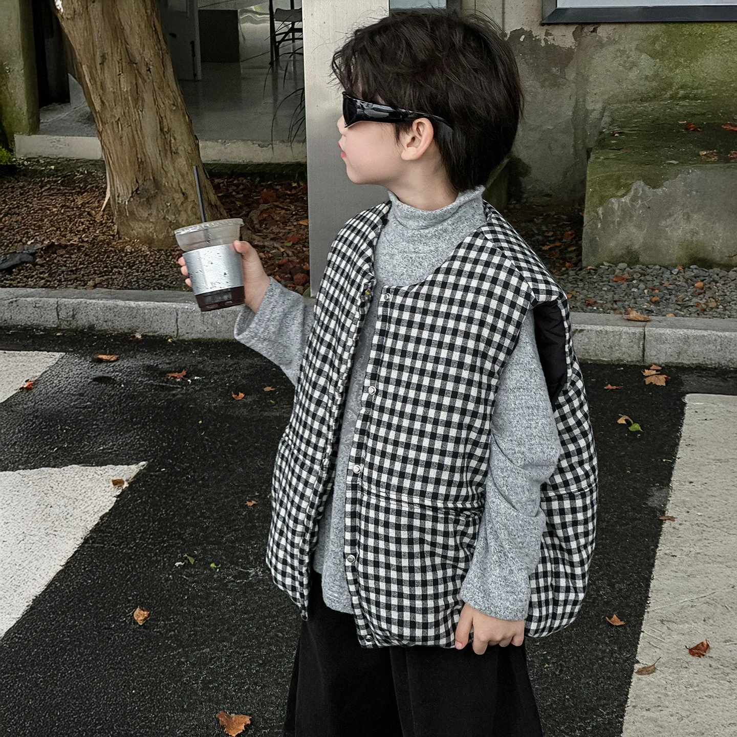 2025 New Thickened Warm Plaid Children's Clothing for Boys Autumn and Winter Cotton Vest