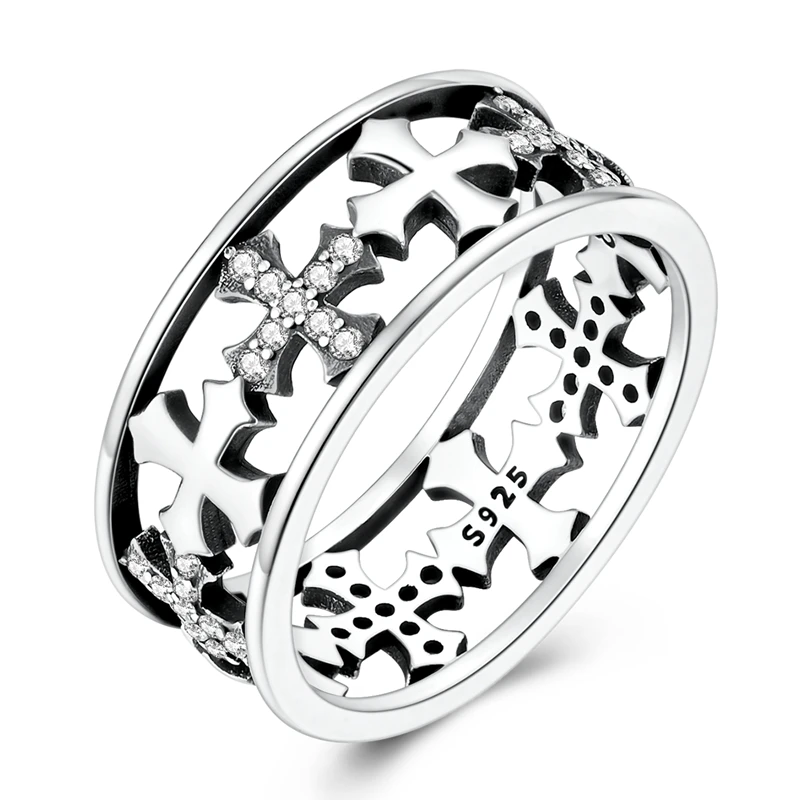 S925 Sterling Silver Double Layer Hollow Cross Band Ring Cubic Zirconia Paved Vintage Gothic Statement Ring Jewelry Gift for Men