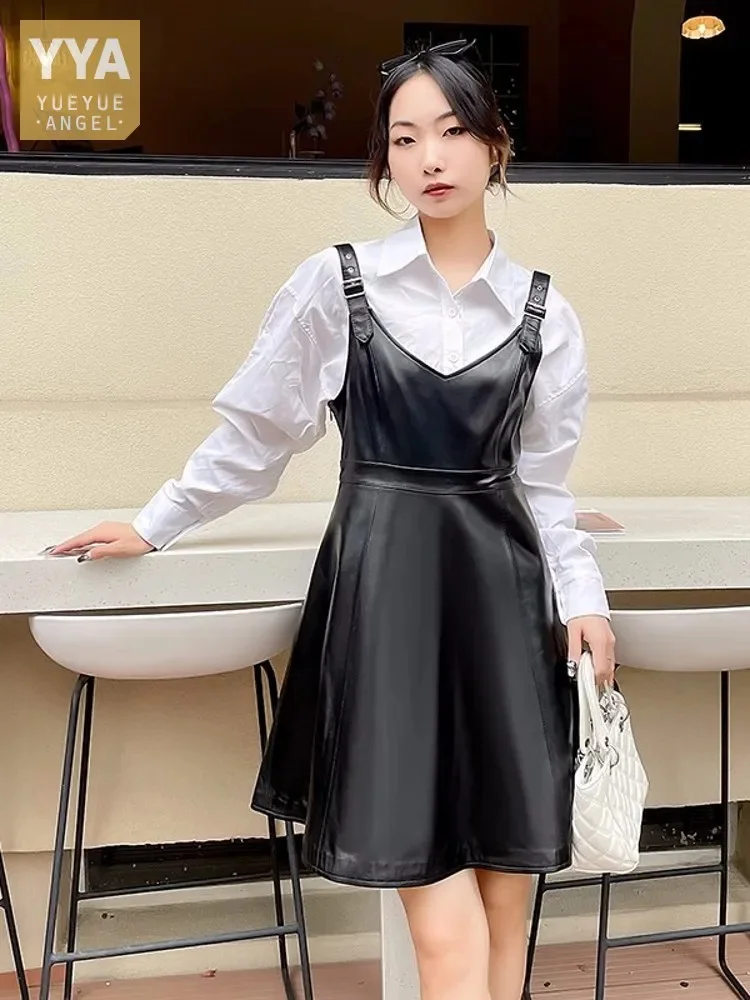 

Vintage Women V Neck Slim Fit Straps Ladies 100% Real Sheepskin es High Waist Spring Genuine Leather Suspender Dress