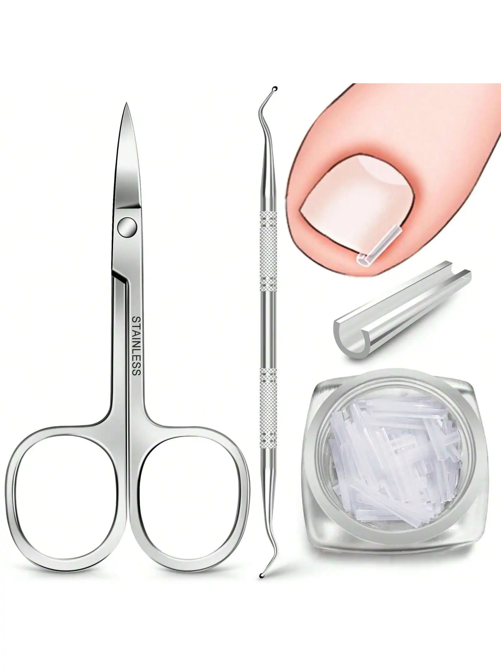 Korrektur-Set für eingewachsene Zehennägel, 3-teilig, schmerzfreie Zehennagel-Glätteisen, Streifen, Zehennagel-Heber und kleine Schere, Werkzeug für eingewachsene Zehennägel
