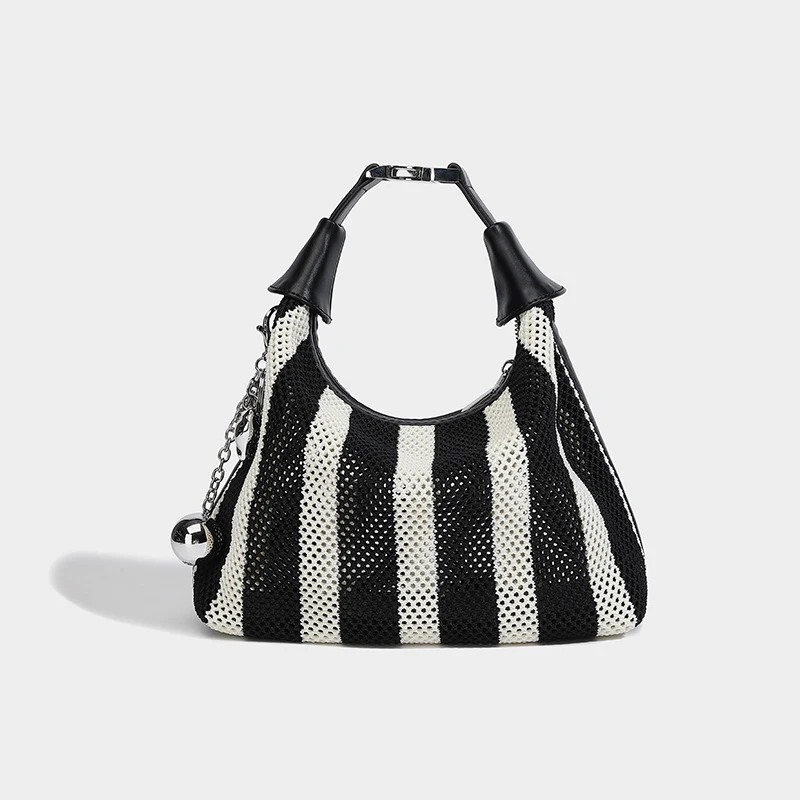 Black And White Striped Portable Lunch Box Bag Fashionable And Versatile Hollow Tote Bag Casual And Simple Armpit Bag Trendy Bag