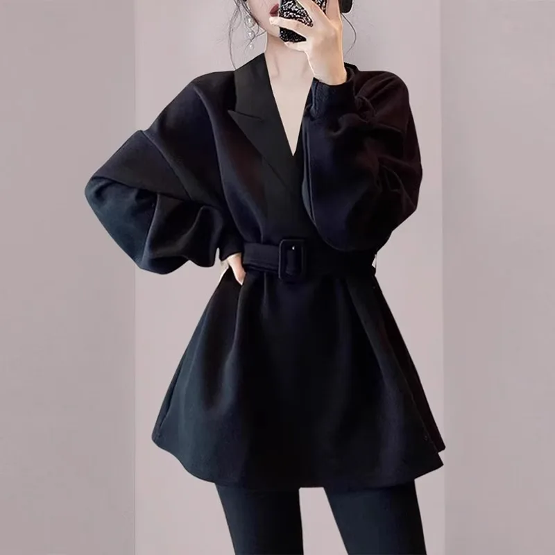 Oversized suit collar jacket Women's sweater Spring Autumn Winter black top  winter clothes women  LOOSE