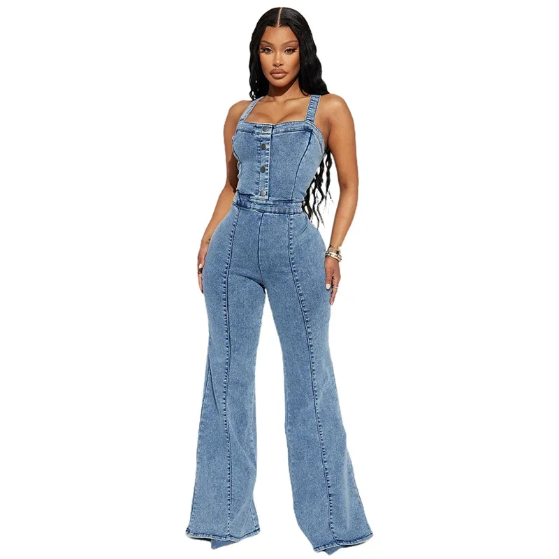 

Women High Waist Button Half-open Suspenders Denim Jumpsuit Flared Jeans Female Casual Backless Zipper Splice Rompers Streetwear