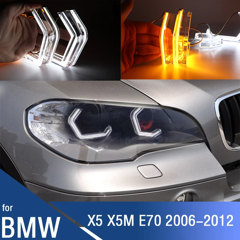 

for BMW X5 X5M E70 2006-2012 White M4 Style LED Crystal Angel Eye Kit Day Light with Yellow Turn Signal