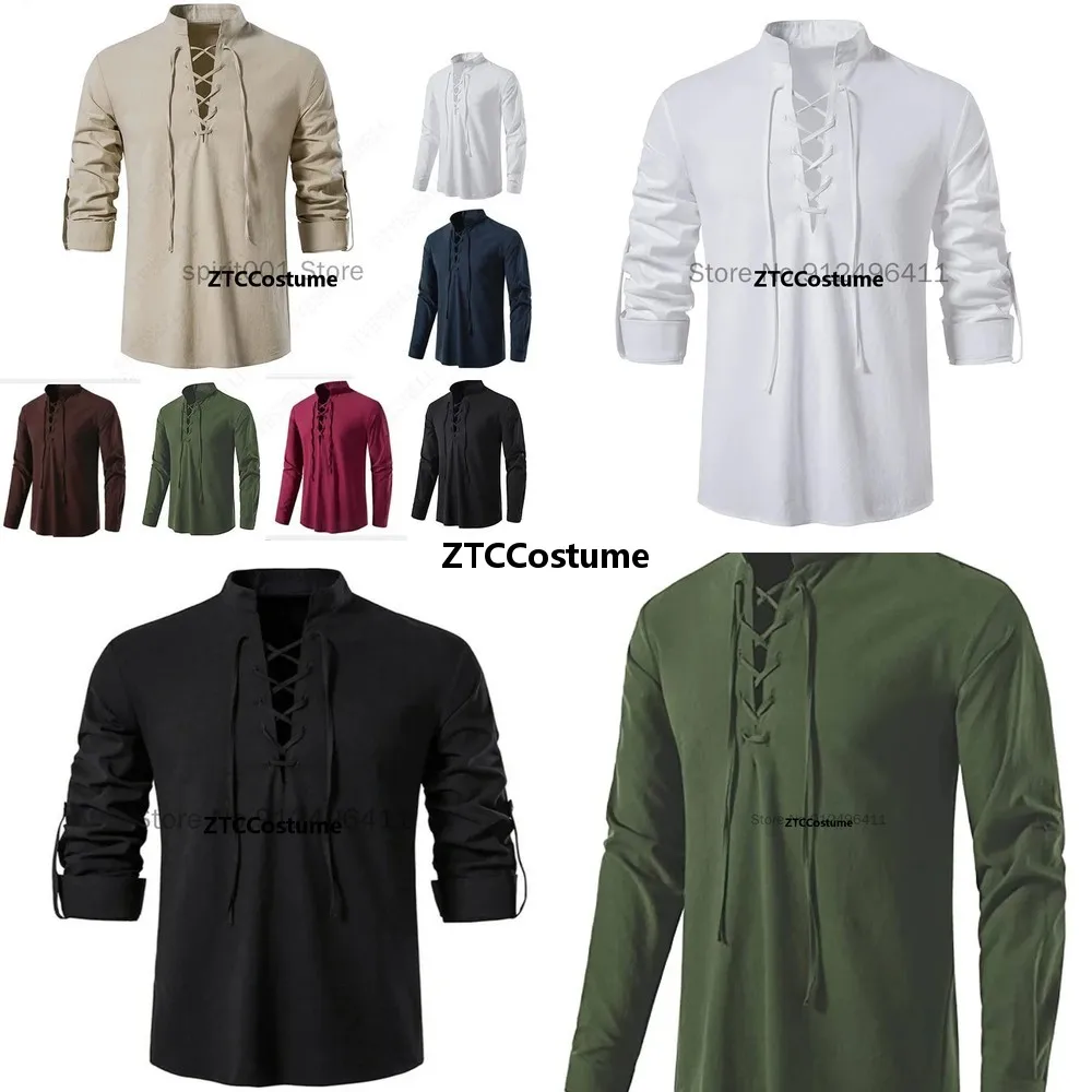 

Medieval Knight Cosplay Shirt Mens Vintage Cotton Linen Blouse Long Sleeve Renaissance Festival Tunic