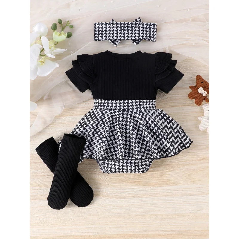 Stylish baby girl infant houndstooth patchwork dress with flutter sleeves and cute bow headband two-piece set