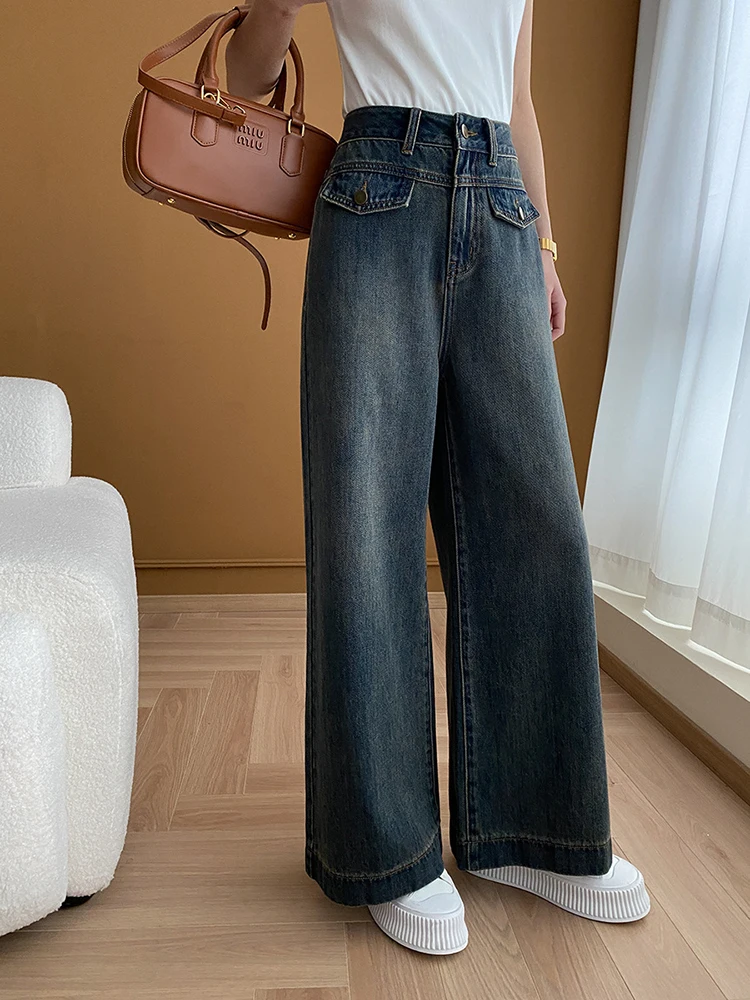 [LANMREM] Vintage High Waist Jeans For Womrn Straight Wide Leg Denim Pants Straight Trousers Fashion 2024 Autumn New 26D9182