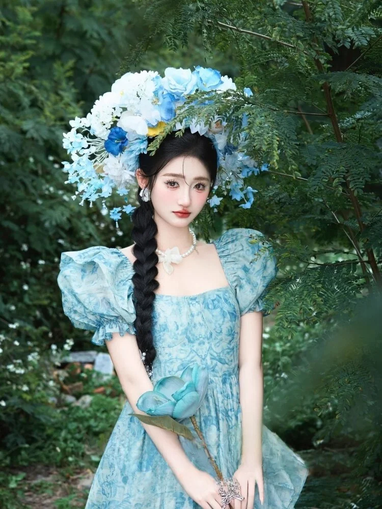 

Retro Korean Style Floral Print Dress Hairpin Photography Personal Portrait Girl Spring Art Photo Studio Costume