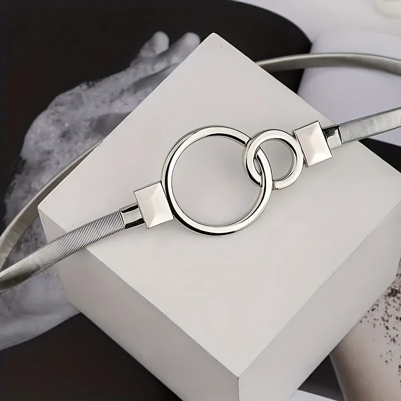 Women's Simple Ring Buckle Stretchable Waist Cinching Belt Pure Metal Waist Chain Gold and Silver