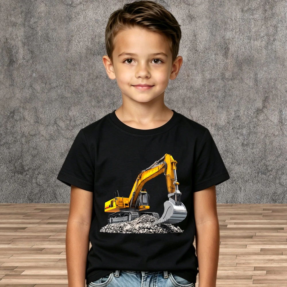 Boys Daily Casual T-shirt Cartoon Excavator Pattern Cotton Summer Short Sleeve Shirts