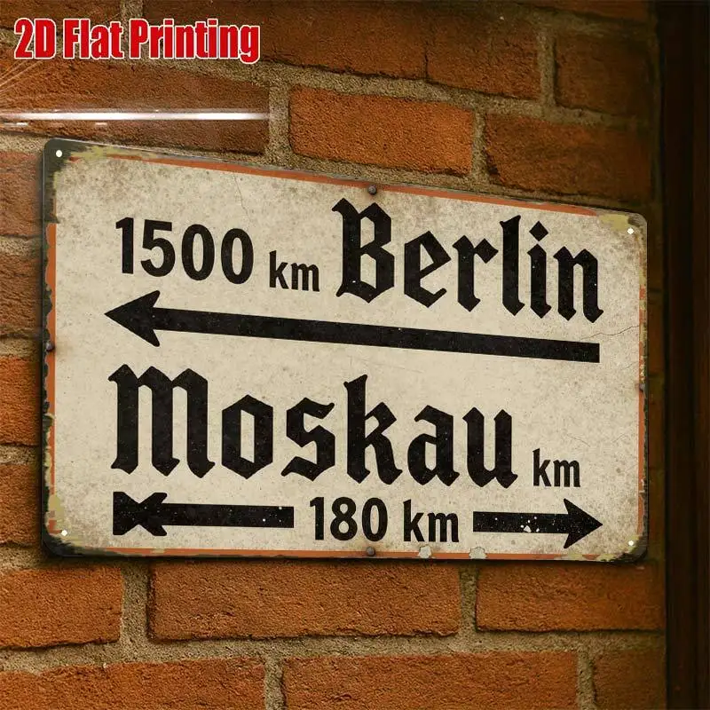 2D Flat Berlin Moskau Distance Metal Wall Sign, Unique Retro Design Decor for Basement & Workshop