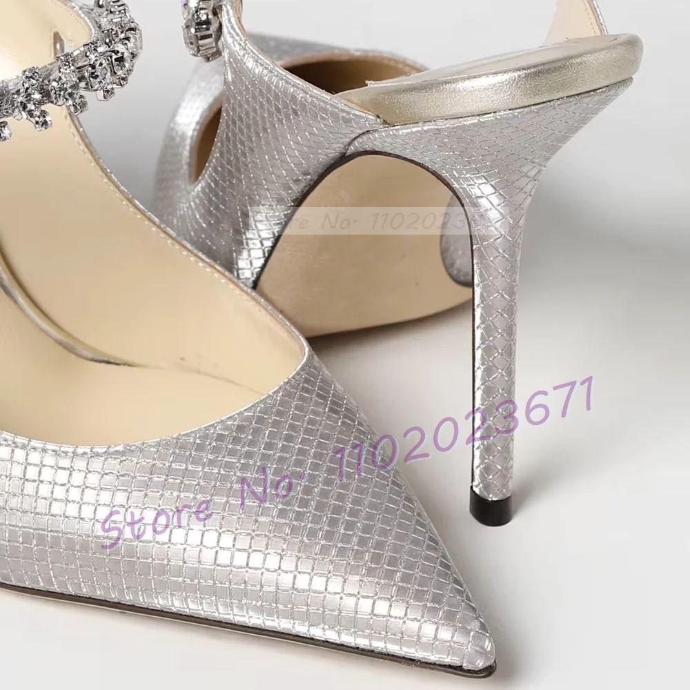 Silver Metallic Crystal Mules Woman Grid-pattern Rhinestone Arch Strap High Heels Ladies Elegant Summer Pointy Bling Slippers