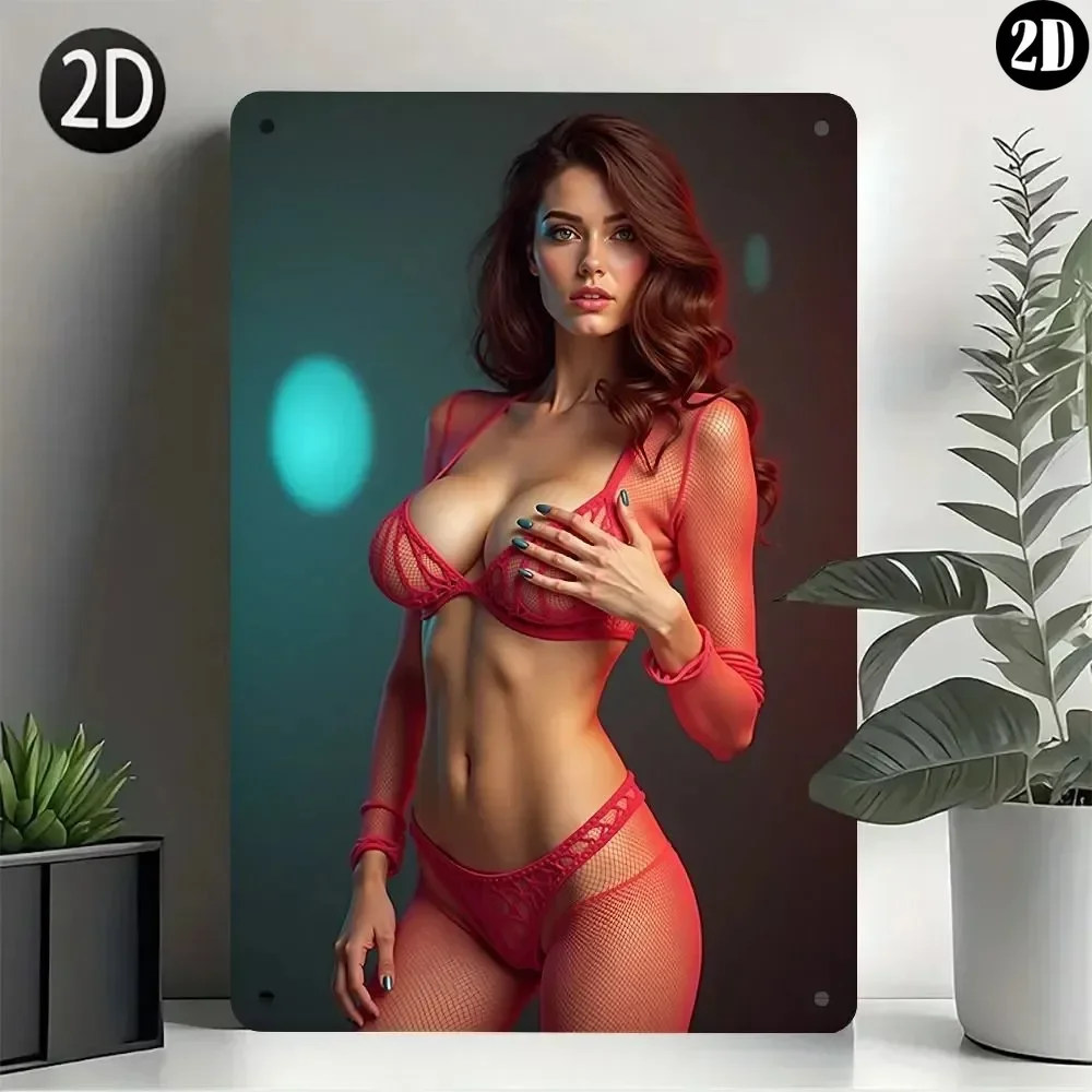 HD Metal Tin Sign, Sexy Brunette in Red Fishnet Lingerie Vintage Metal Poster, Aesthetic Wall Art Decor for Home Bar Man Cave, R