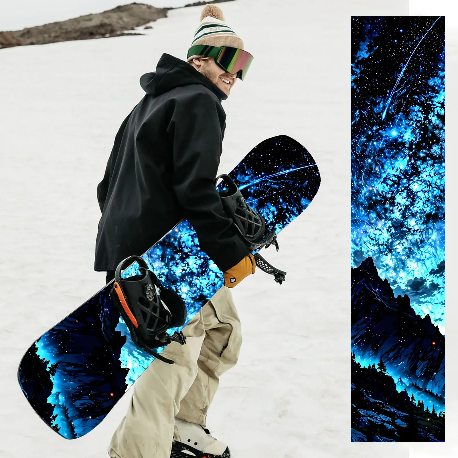 

1 большая наклейка для сноуборда с синим пламенем и эффектом туманности, декоративная наклейка для сноуборда, креативный дизайн, материал ПВХ.