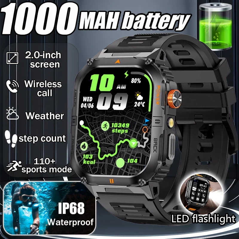 

New 1000mAh military outdoor smartwatch for men, LED flashlight, IP68 waterproof, GPS sports, 2.01-inch Bluetooth call smartwatc