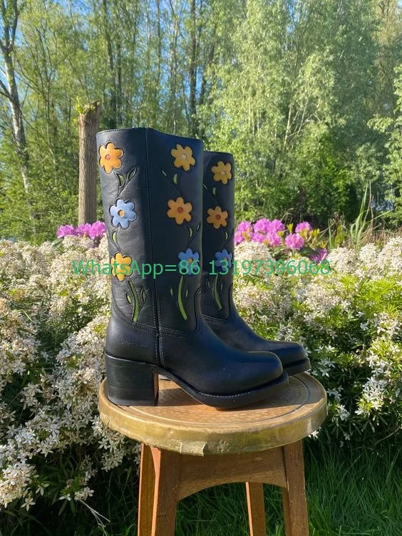 Ladycolorful flower design knee boots chunky heel printed design vintage boots causal new arrive cowboy boots punk size 35-46