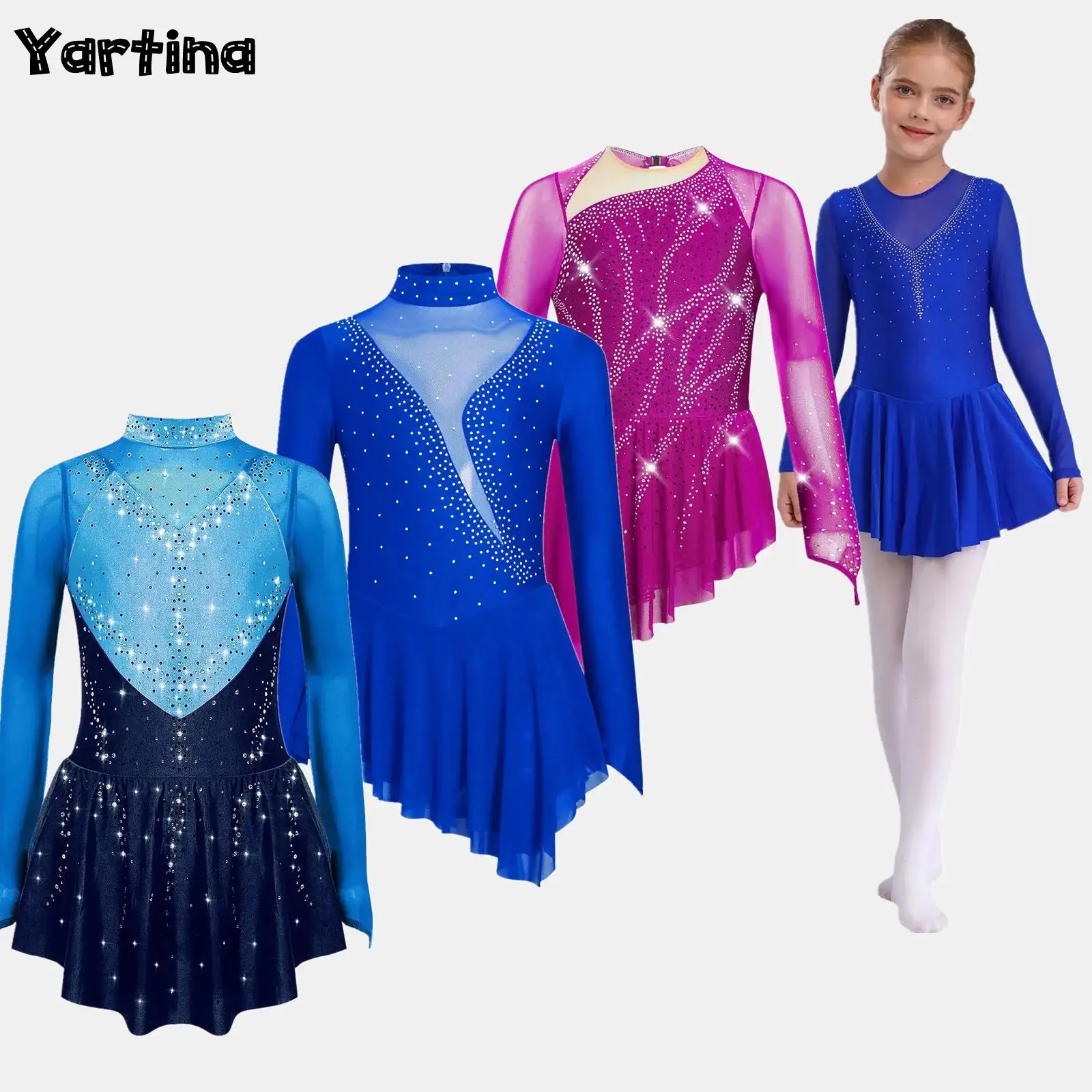 أطفال بنات بريق الراين الجمباز الشكل التزلج الباليه جيرسي أداء الرقص زي فساتين رقص الجمباز الغنائية #1