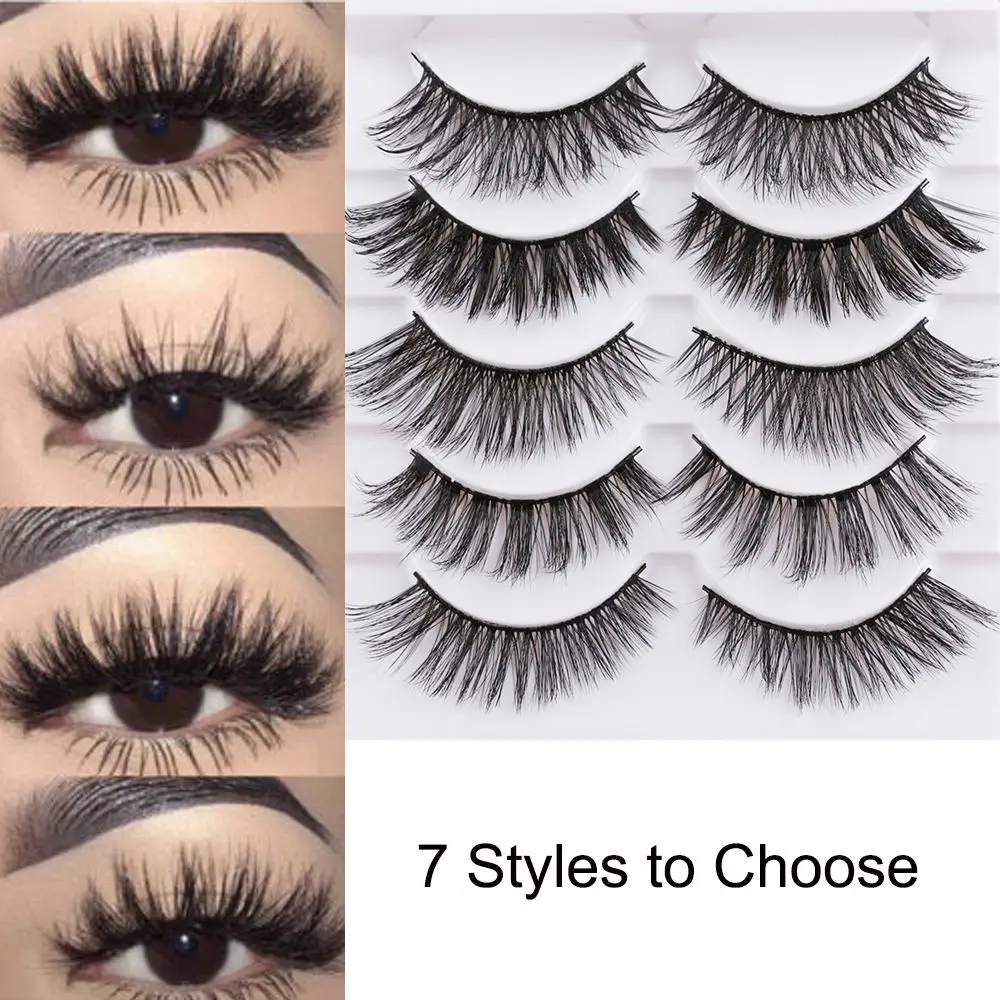 SKONHED 5 Pairs Reusable Handmade Flare Natural Long False Eyelashes 3D Faux Mink Hair Thick Cross Wispy Fluffy