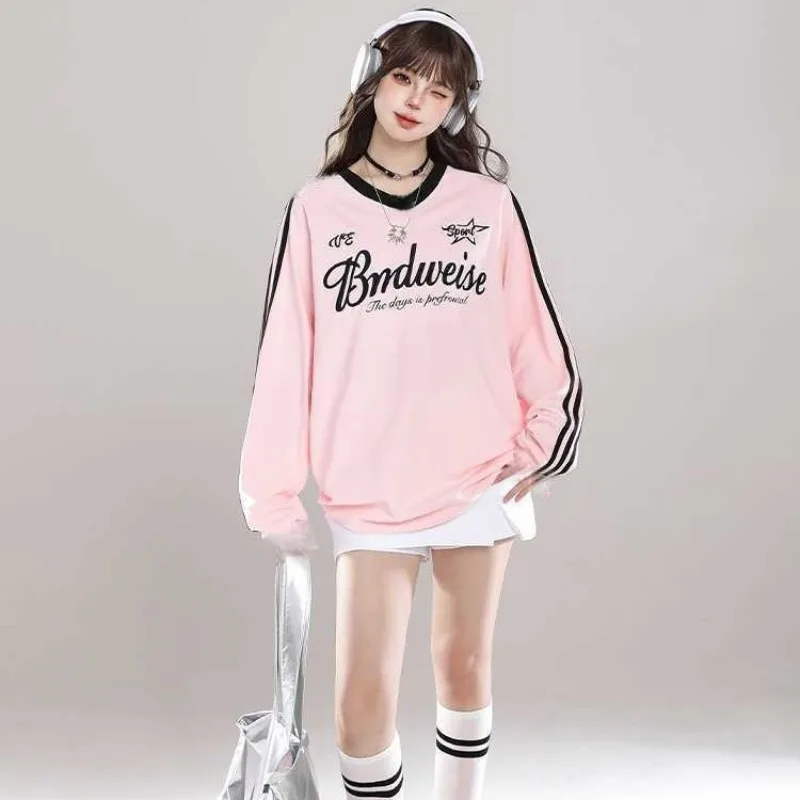 

American Color Collision Splicing T-shirt Women 2024 Fall New Letters Printed Loose Long Sleeves Top Y2k Streetwear