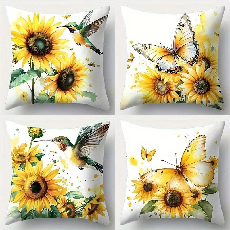 4pcs Sunflower and Butterfly Decorative Pillow Short plush Throw pillow cover 17.7 inches x17.7 inches without pillow core, sing