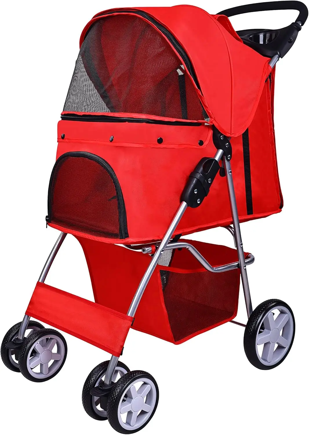 Kinderwagen Voor Huisdieren, 4 Wielen Multifunctionele Hondenkattenwandelwagen, Opvouwbare Draagbare Reiswandelwagen Met Afneembare Drager, Rood