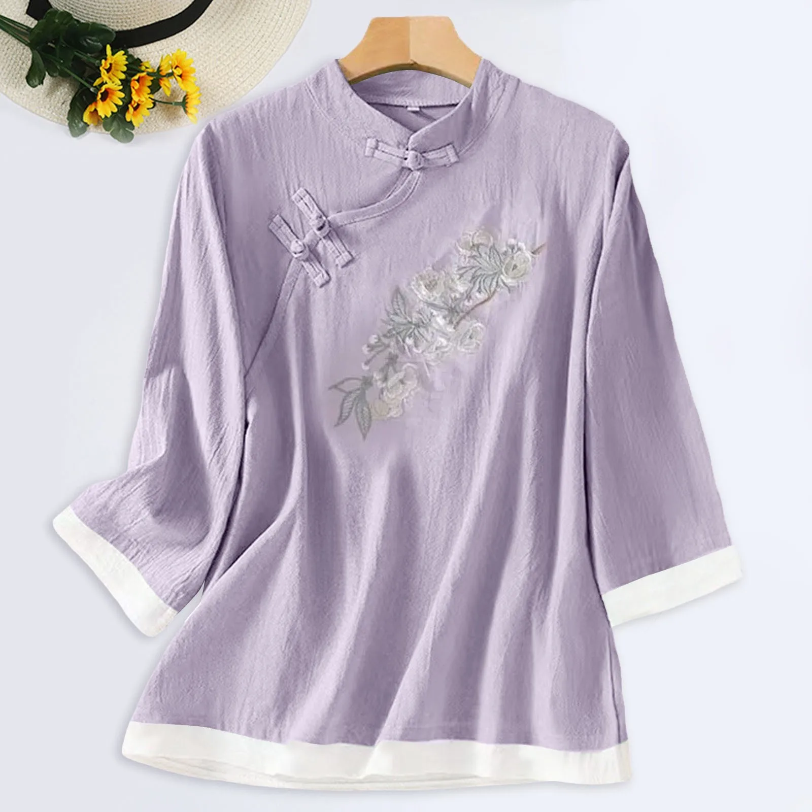 Women\'s Top Shirt Embroidery Elegant Shirt Cute Pattern Fashion Long Sleeve Casual Linen Solid Loose Vintage Overshirt