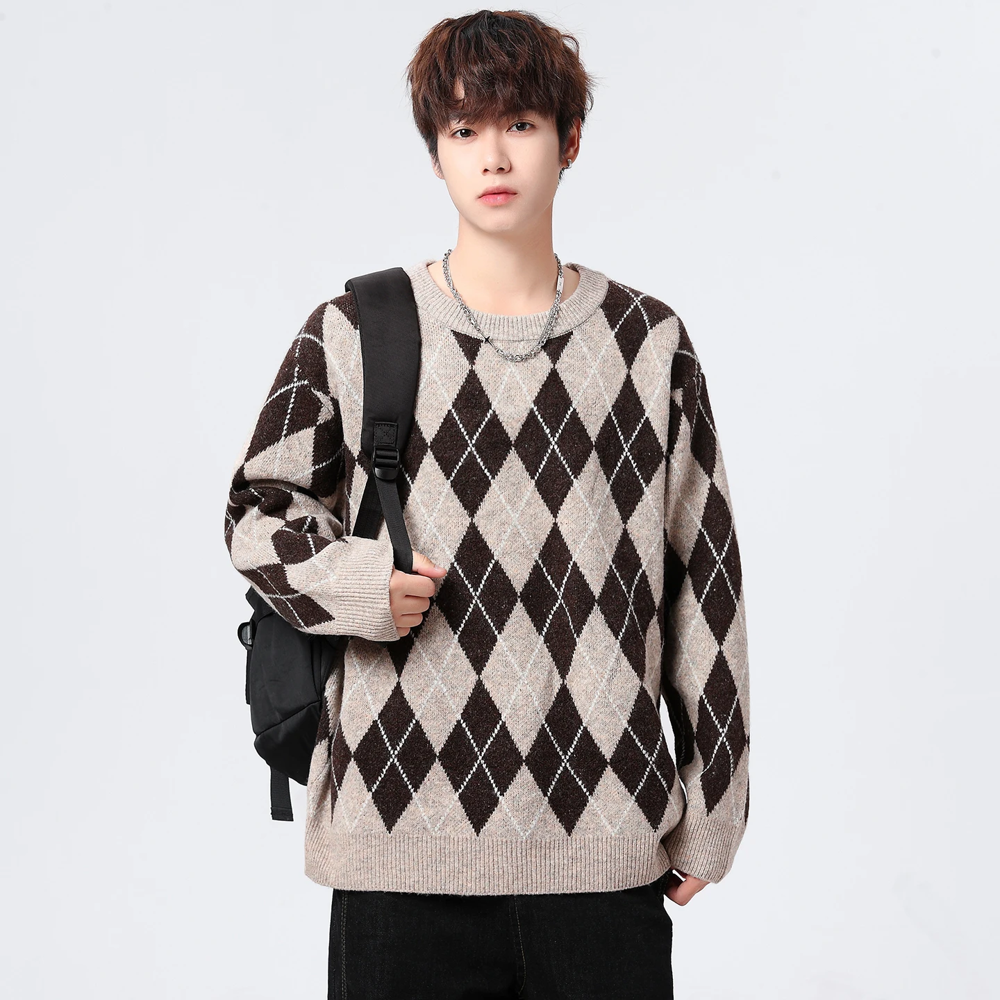 

Мужской вязаный свитер с круглым вырезом, утепленный, свободного кроя, зимний, теплый, повседневный, с ромбовидным узором, с бахромой, из смесового полиэстера