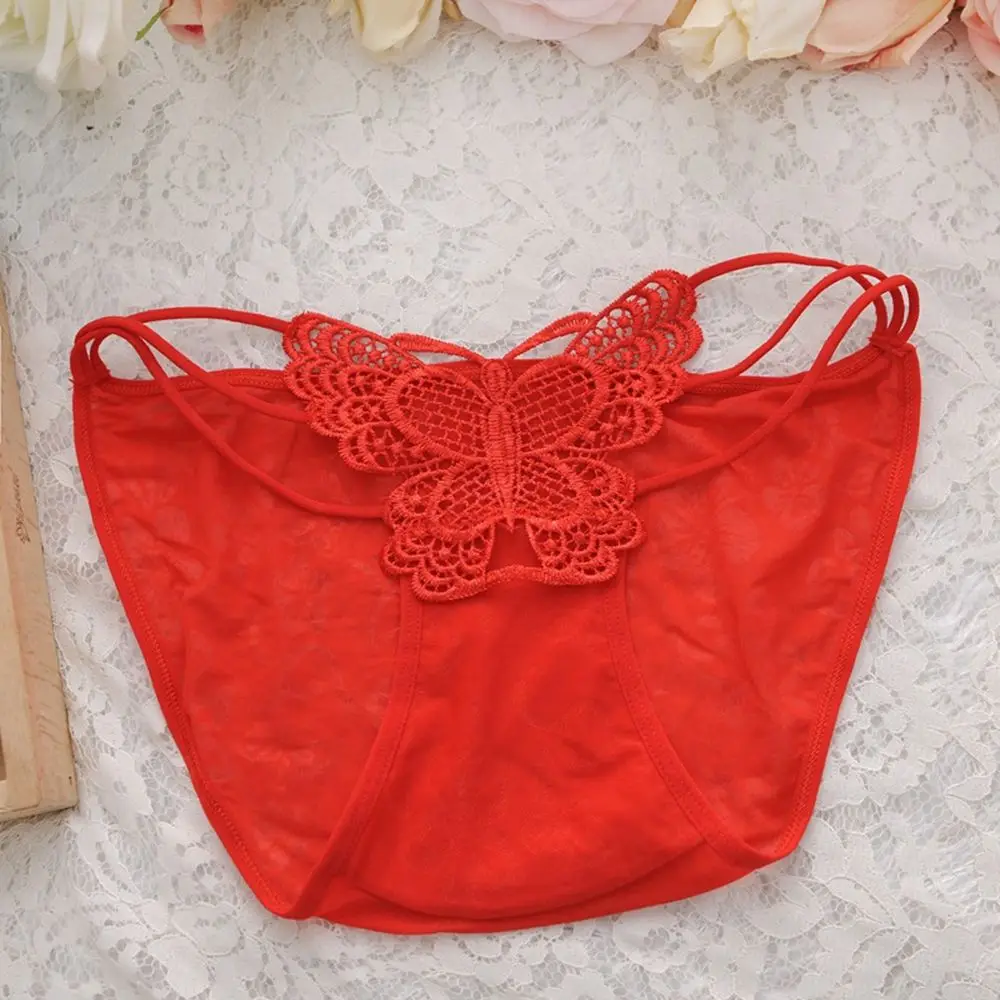 Elastic Korean Cotton Crotch Cross Thin Belt Peach Hip Women Intimates Hollow Lace Briefs Butterfly Embroidery Panties