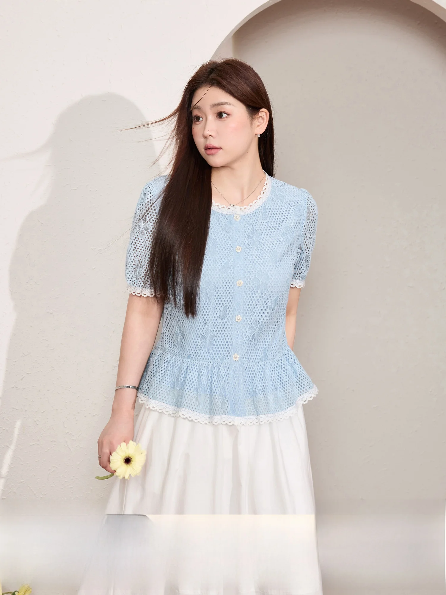 

Blue Lace Hollow out ort Sve plus Size Women's irt Slimming Summer Clothes Meat Concealing Cute Small irt Commute Sle