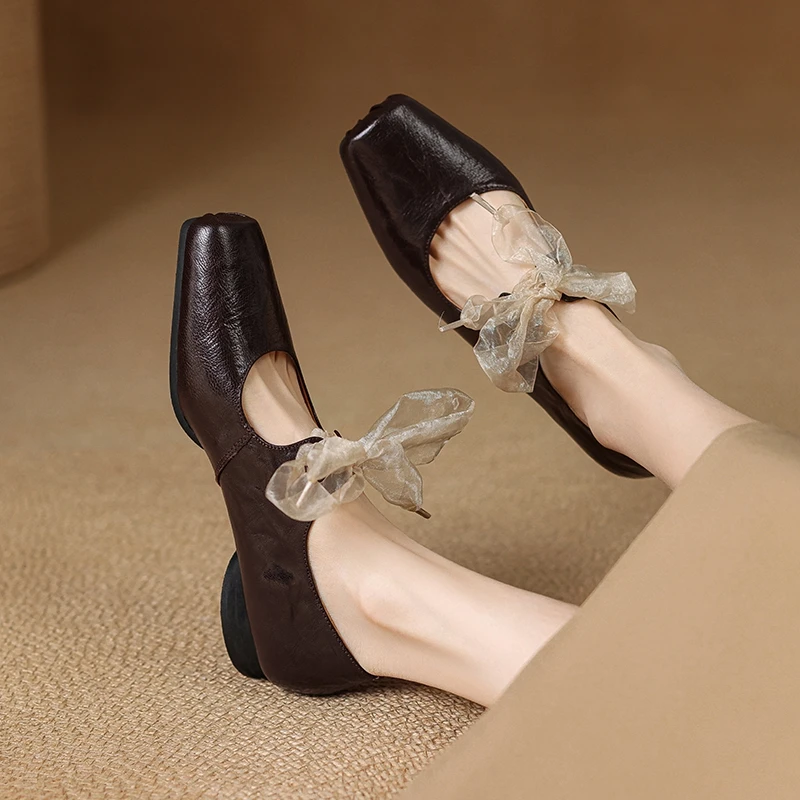 

Women's New Spring and Autumn Genuine Leather Sheepskin Square Head Ribbon Bow Low Heel Large Ballet Dance Shoes Single Shoes