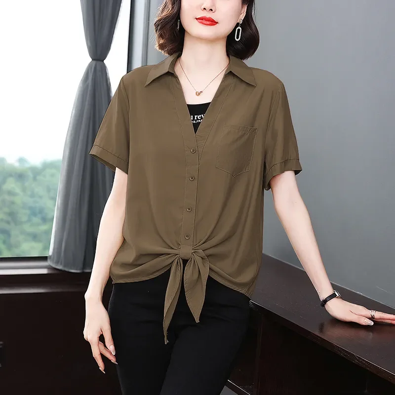 

Women's Solid Color Fake Two Pieces Polo Shirt Summer Plus Size Tie Front Blouse