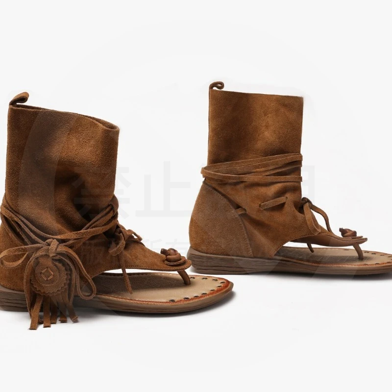 Retro Womens Shoes Luxury Leather Open Toe Summer Boots for Woman Handmade Flat Bottom Ankle Boots Designer Shoes Botas Feminina