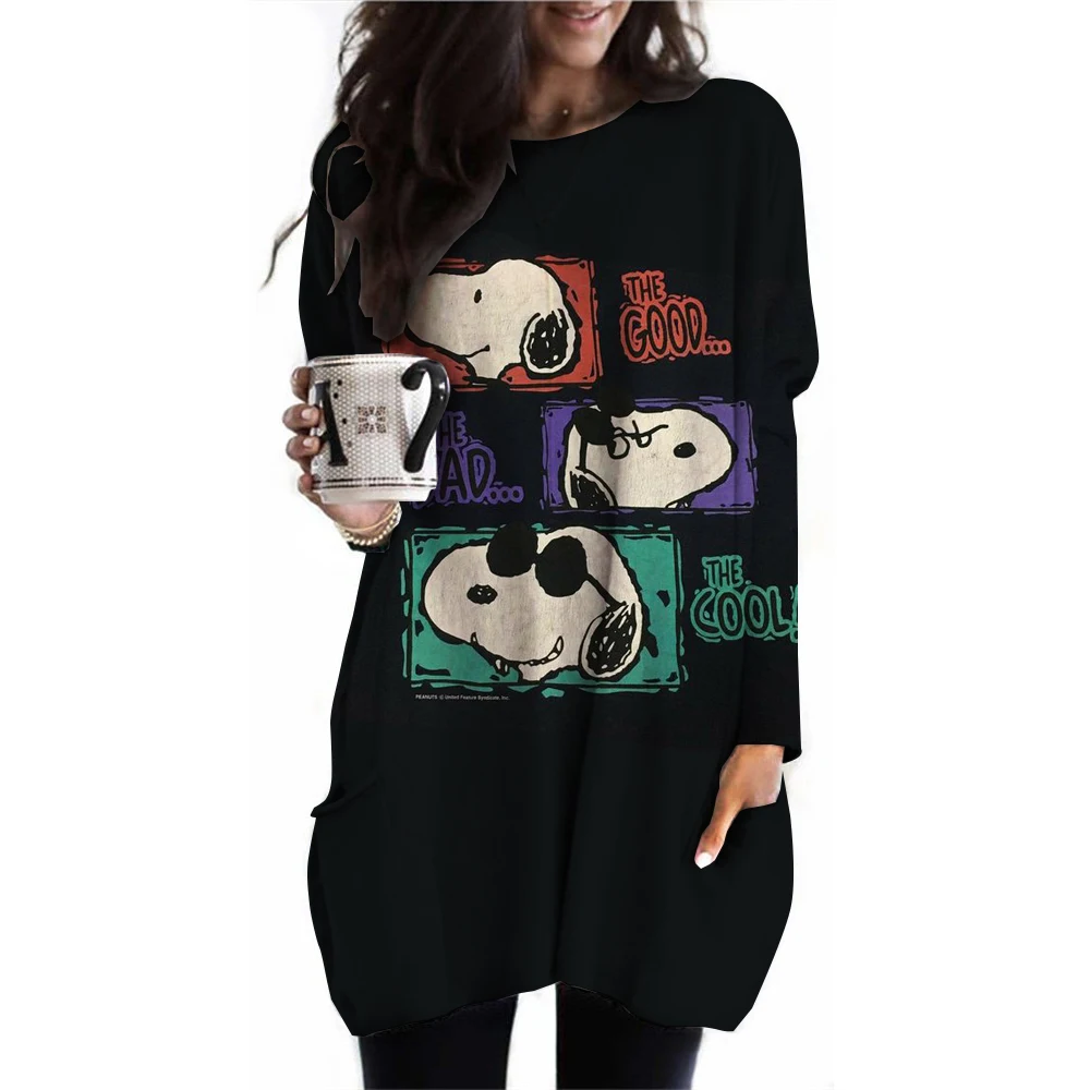 2024 Autumn Women\'s Fashion Women\'s Top Snoopy Printed Pocket T-shirt Loose Casual Round Neck Long Sleeve T-shirt