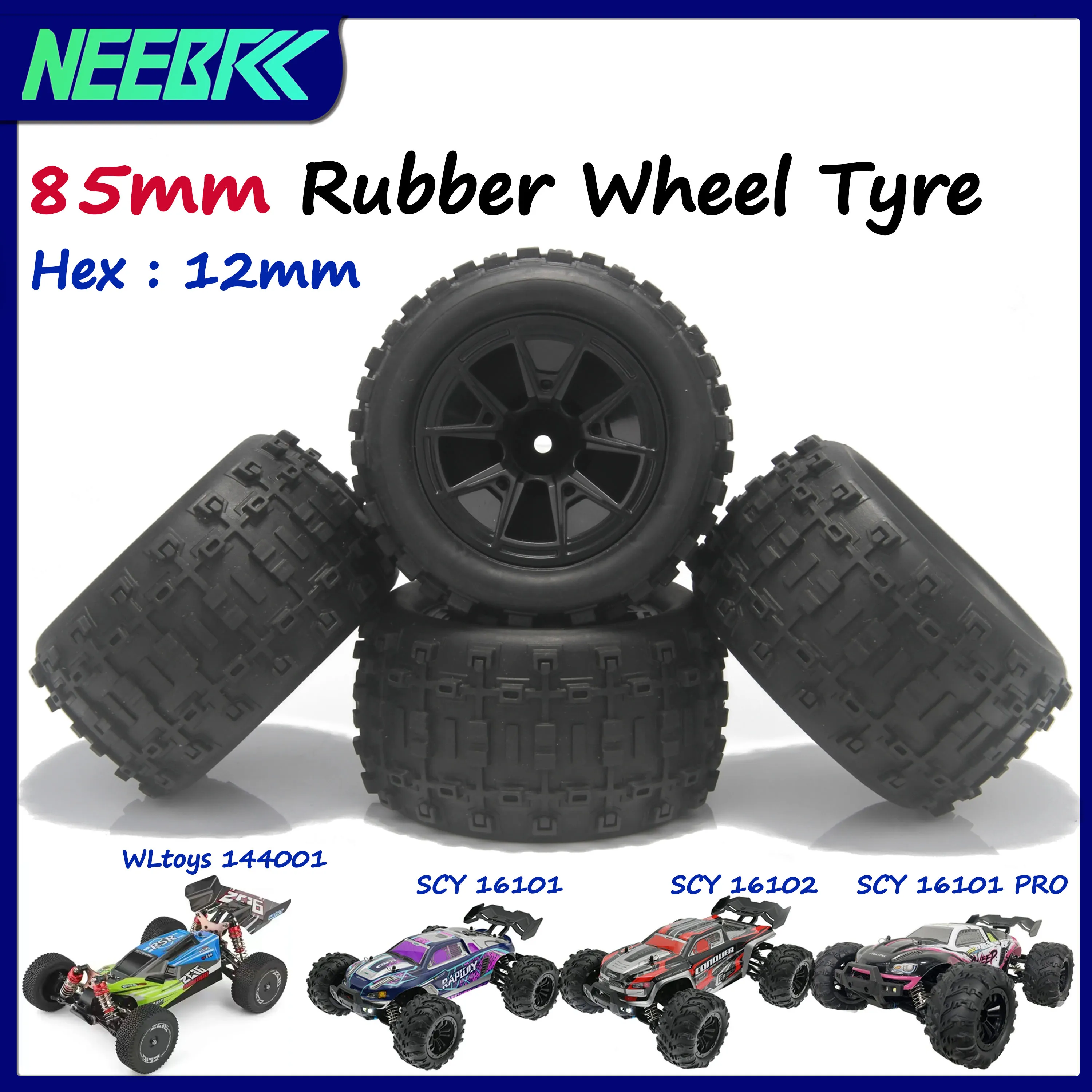 85mm Skidproof Rubber Wheel Tyre Wear-resistant Off-road Vehicle Tire for Smax 1625 1635 Wltoys 144001 HBX 16889 16890 SCY16101